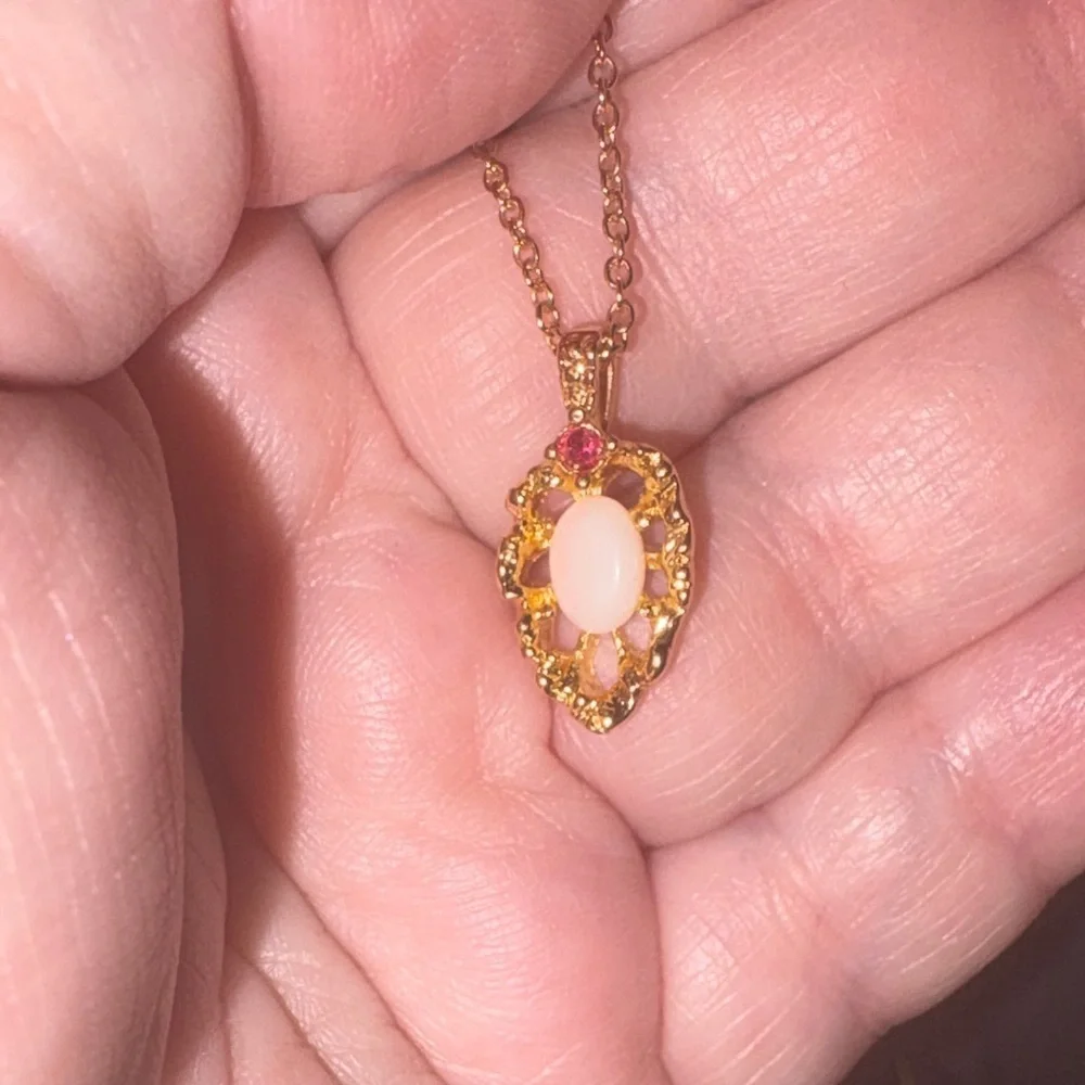 Gold Color Metal Pendant and Thin Chain Necklace Faux Opal and Ruby Pendant